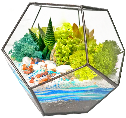 Флораріум у скляній вазі з мохом та мініатюрними деревами